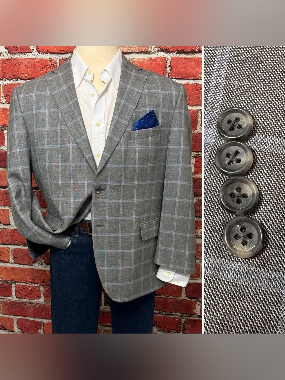 JOS BANK RESERVE MENS BLAZER SZ 46S BLUE GRAY WINDOWPANE PLAID SHORT FIT GRANADA